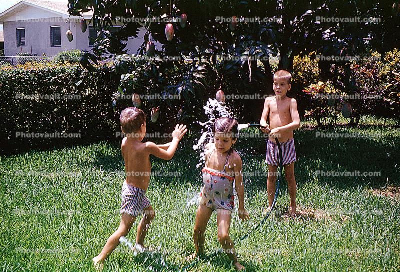 Brother, Sister, Splashy Water, Summer Fun, Backyard, 1963, 1960s
