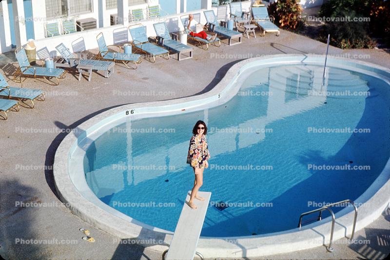 Swimming Pool, Woman on a Diving Board, Poolside, 1960s