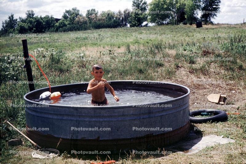 Backyard Swimming Pool, Boy, Summer, 1959, 1950s
