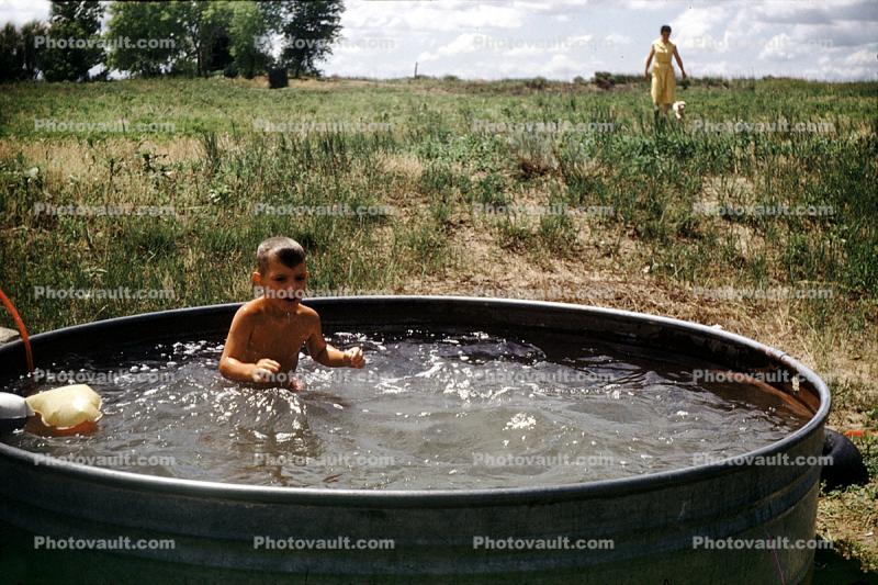 Backyard Swimming Pool, Boy, Mom, Summer, 1959, 1950s