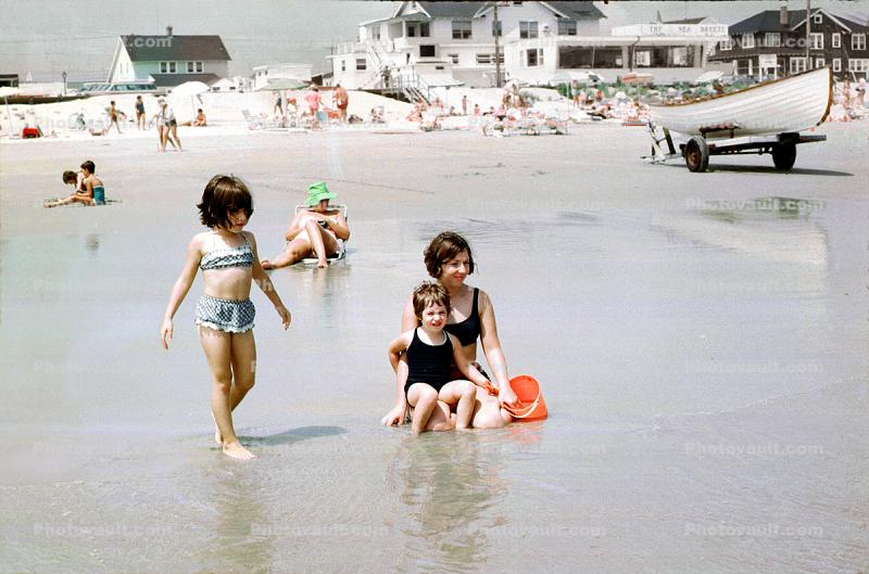 Beach, Wading, Woman, Girl, Water, Pail, 1969, 1960s
