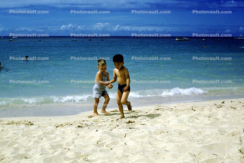 Running, Boys, Sand, Beach, Ocean, Guam