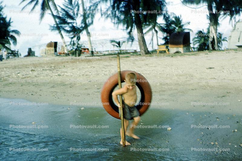 Inner-Tube, Beach, Water, Boy, Swim Trunks, Staff, Nimitz Beach, Guam, 1955, 1950s