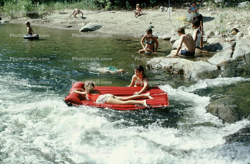 Air Mattress, Girls, Floating, River, Stream, Whitewater, 1950s