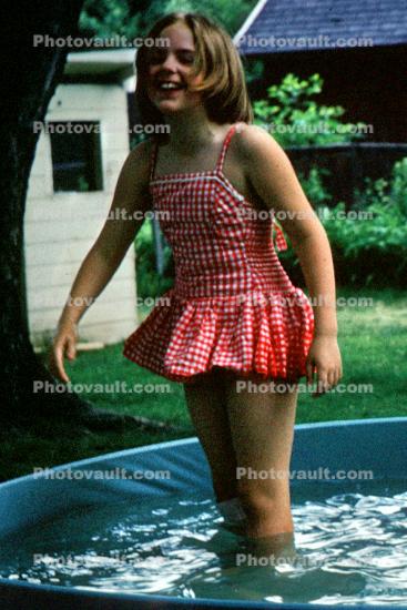 Smiling Girl, Backyard Swimming pool, 1950s