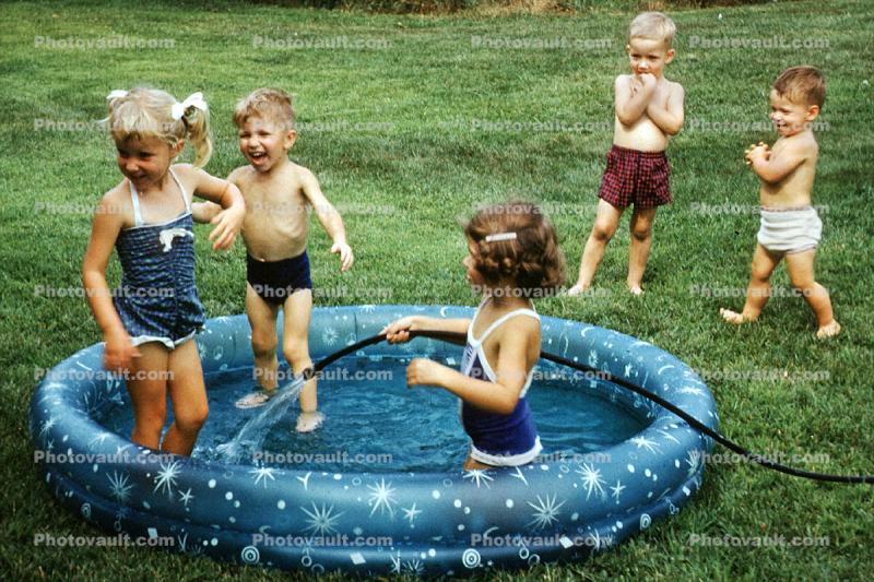Backyard Swimming pool, Water, Fun, Funny, Summer, Girl, Boy, Cute, 1950s