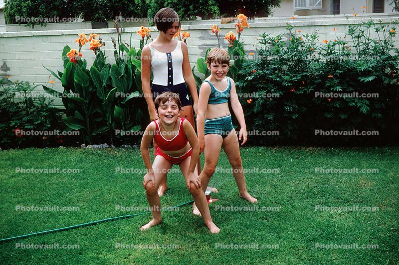 Backyard, Sprinkler, Lawn, Summer, Retro, 1960s