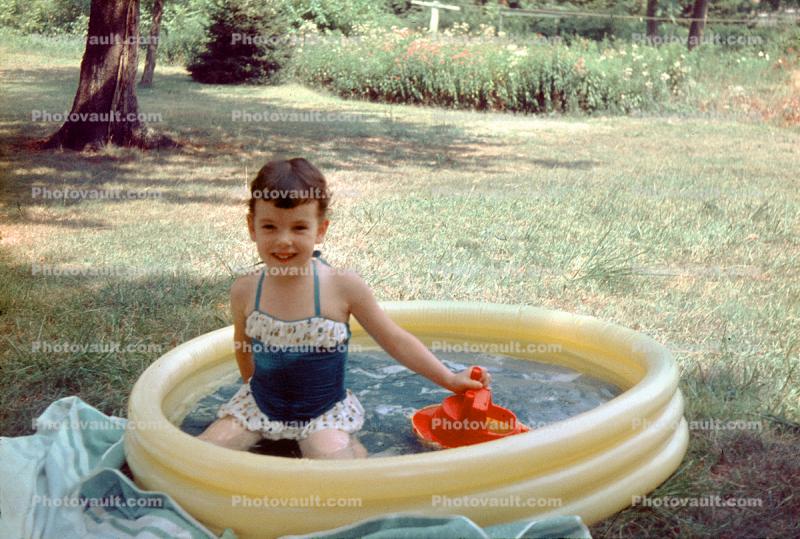 Backyard Swimming pool, Girl, Smiles, Lawn, 1960s