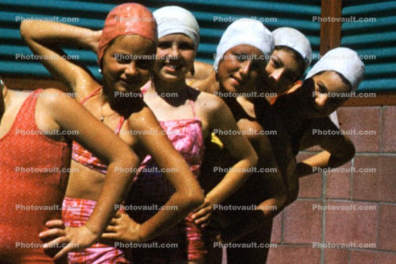Pool Fun, Girls on Diving Board, Bathing Caps, Swimcap, Bathingcap, Summer, Summertime, 1960s