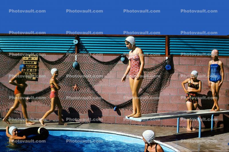 Pool Fun, Girl on Diving Board, Swimcap, Swimsuit, Summer, Summertime, Net, Diving Board, 1960s