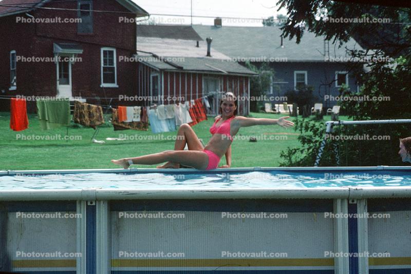 Girls, Backyard, Summer, Lawn, Home, House, Swimming Pool, 1960s