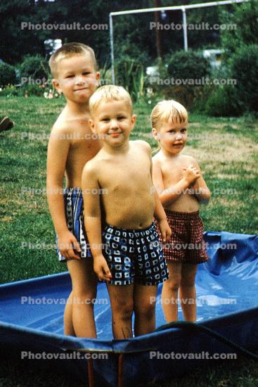 Boys, Brothers, Backyard, Summer, Lawn, 1950s