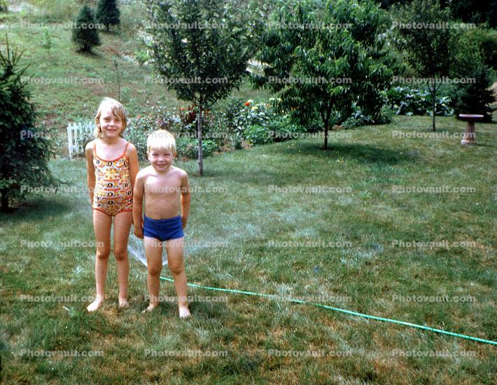 Brother, Sister, Smiles, Backyard, Summer, Sprinkler, Summertime, 1950s