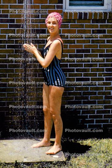 Woman, Outdoor Shower, Showercap, Backyard, Water, Brick