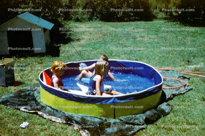 Lawn, Backyard Swimming Pool, Water, Doghouse, 1950s