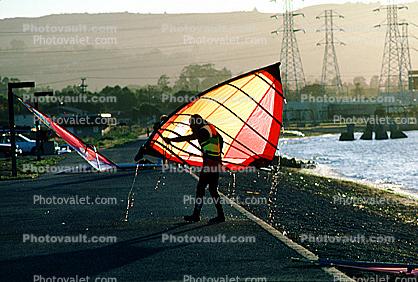 Windsurfer, finished for the day, beach, water, bay, San Mateo