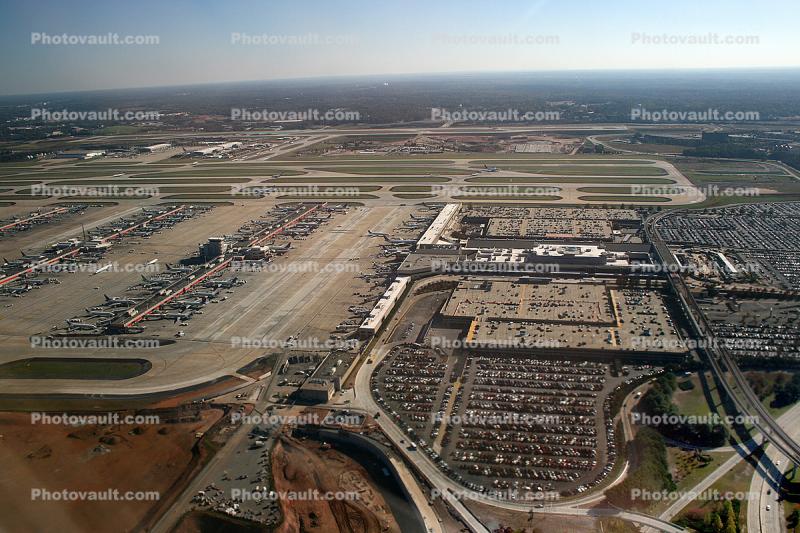 Terminals, Runways, parked cars, buildings, Hartsfield (ATL)