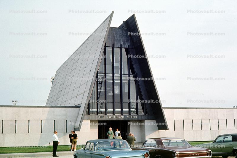 The Protestent Chapel, A-Frame Building, Church, Cars, vehicles, August 1968, 1960s