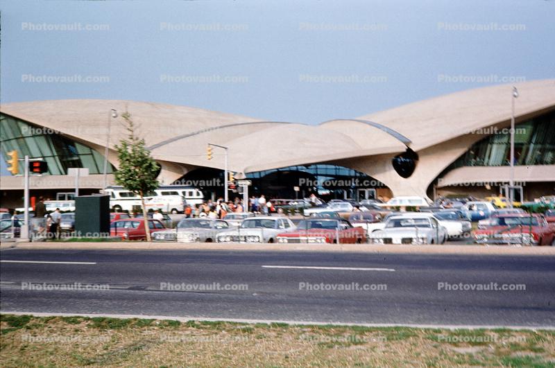 TWA terminal 5, Parked Cars, Building, vehicles, August 1968, 1960s