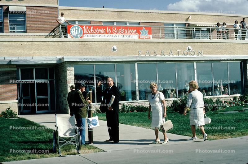 Terminal, Women, Men, Wheelchair, Welcome to Saskatoon, Canada, August 1967, 1960s