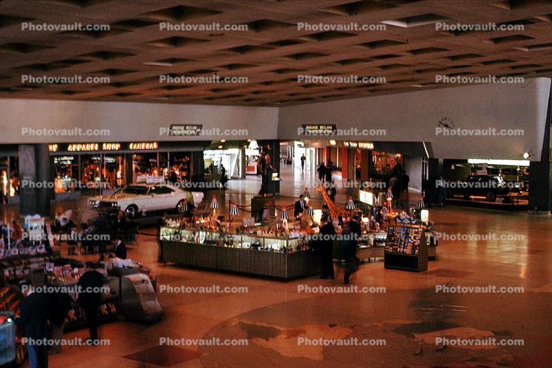 Shops, stores, car, inside terminal building, Dallas Love Field, Texas, November 1964, 1960s