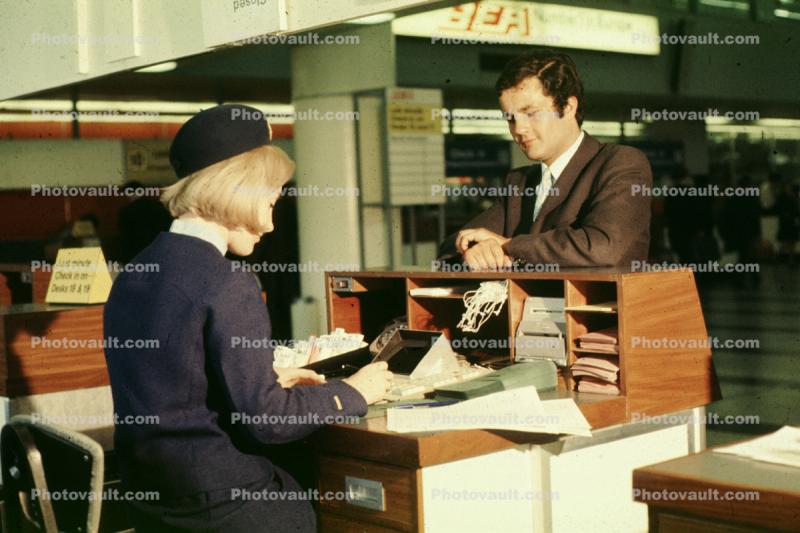 BEA Check In, Man, Woman, Ticketing, June 1970, 1970s