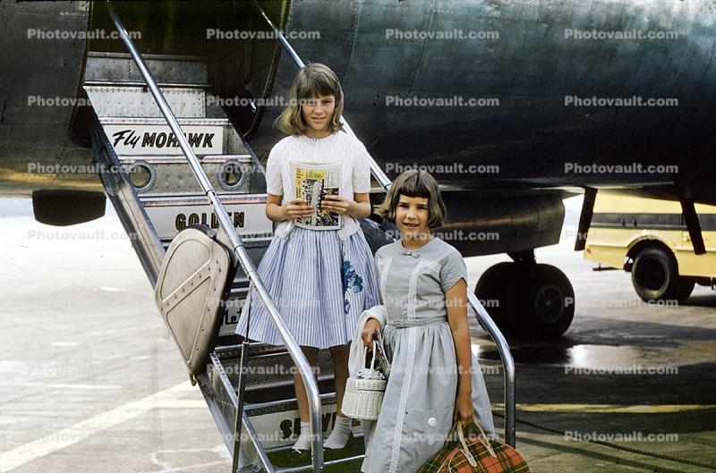 Girls, Stairs, Mohawk Airlines, dress, female, airstairs, July 1961, 1960s