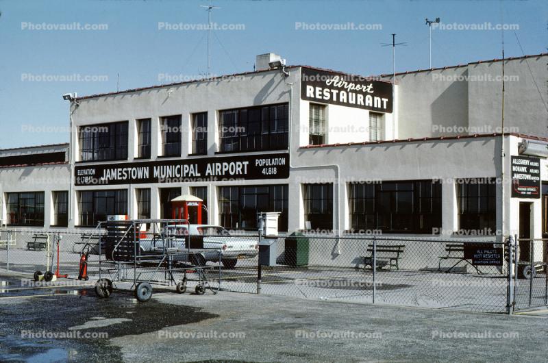 Jamestown Municipal Airport, restaurant, building, car, wind vanes, August 1964, 1960s