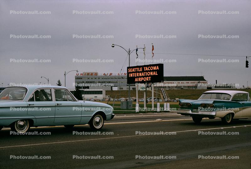 1961 Ford Falcon, 1958 Ford Fairlane, Cars, SeaTac Terminal, September 1962, 1960s