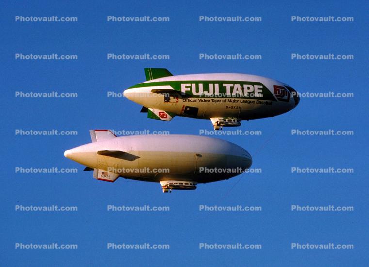 Fuji Blimp, Upper blimp is G-SKSH 500-06, Airship Industries Skyship 500, Lower blimp is Skyship 600-05,  G-SKSJ, , 14 October 1987