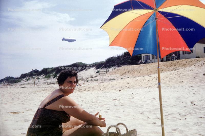 Woman, Beach, Umbrella, Blimp, Sand, Sandy