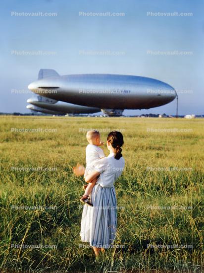 Woman and Child looking at Moored Blimps, 1955, 1950s