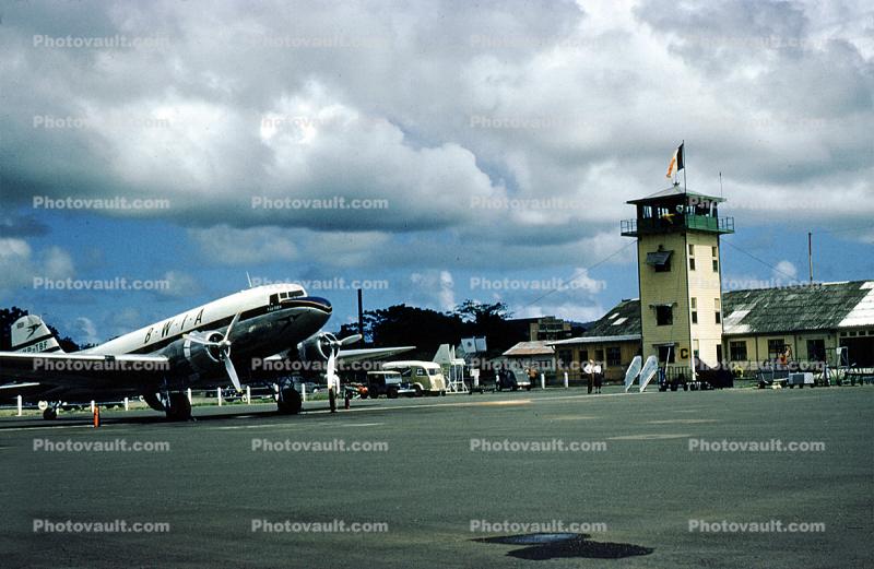 VP-TBF, Control Tower, Douglas DC-3, British West Indies Airlines, clouds, Antigua, 1950s