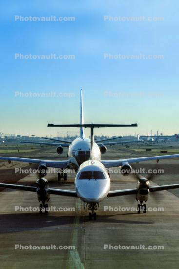 Aircraft lined up for take-off, Newark Liberty International Airport, New Jersey, Embraer Brasilia EMB-120
