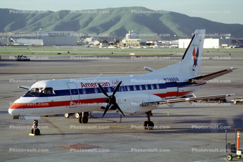 N348AE, American Eagle AAL, SAAB 340B, (SFO), San Bruno Mountain