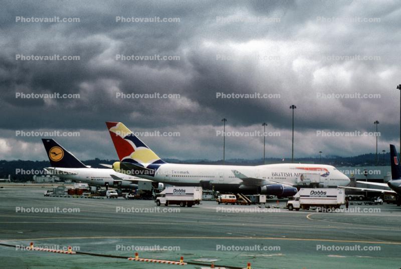 G-BNLH, Boeing 747-436, (SFO), British Airways BAW, Dobbs Trucks, Denmark Tail, 747-400 series, stratonimbus clouds, strato nimbus, RB211-524G, RB211