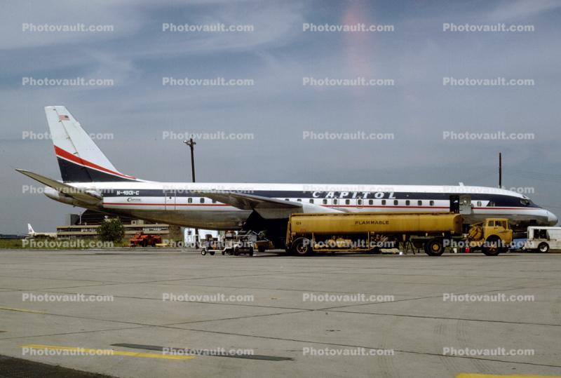 N-4901-C, Capitol Airlines, Douglas DC-8, fuel, gasoline truck fueling, Ford, 1960s