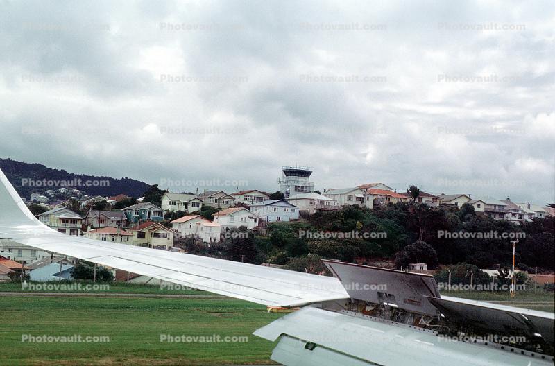 Wellington New Zealand, Boeing 737, Control Tower, Lone Wing, flaps, spoilers