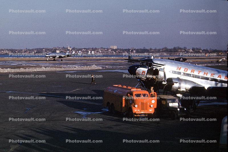 Northeast Airlines, Douglas DC-3 Twin Engine Prop, Refueling Truck, Fuel, 1940s, Ground Equipment, Fueling, tanker