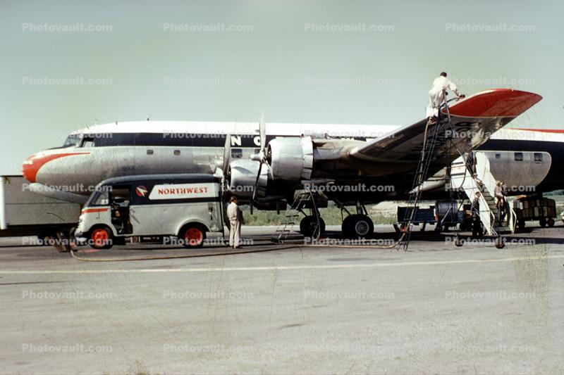 N34598, Douglas DC-6A, Northwest Airlines NWA, Service Van, Refueling, Ground Equipment, 1950s