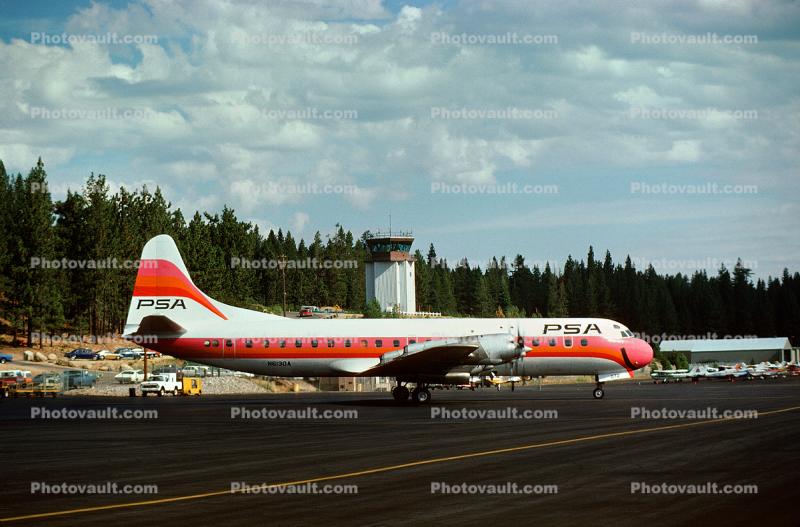 N6130A, PSA, Lockheed L-188A Electra, Toto, Control Tower, Lake Tahoe Airport TVL