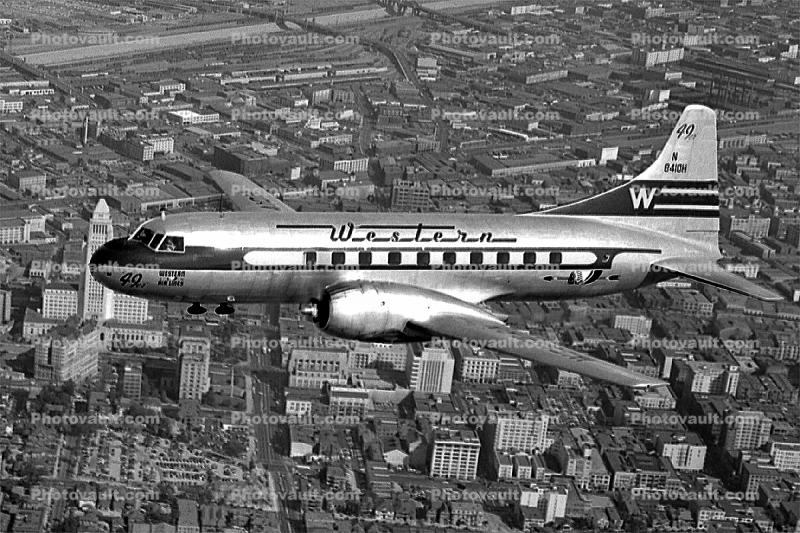 N8410H, Western Airlines WAL, Convair CV-240-1, CV-240 series, flying over downtown Los Angeles, Air-to-Air, May 1 1949, 1940s, R-2800