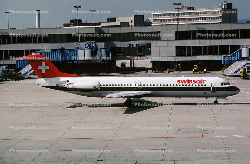 HB-IVA, Fokker F28-0100, SwissAir, Terminal, Building, Jetway, Airport, F28, F-28, Airbridge