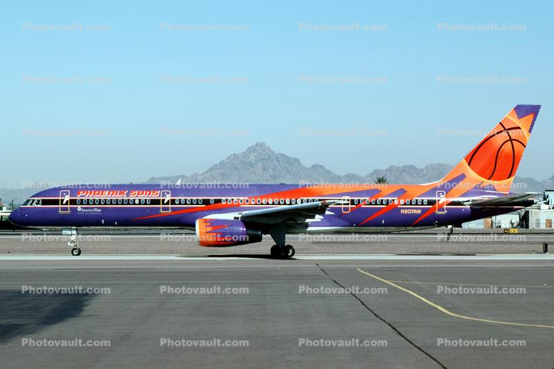 N907AW, Phoenix Suns Team Airplane, America West Airlines AWE, Boeing 757-225, RB211-535 E4, RB211
