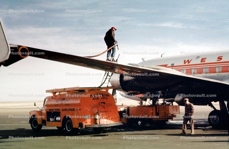 Refueling, Western Air Lines fuel truck, avgas, 1950s