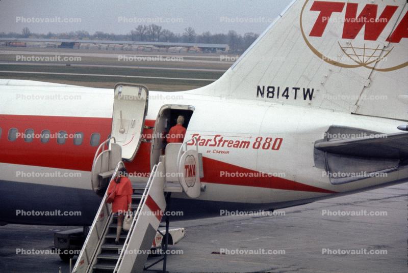      Stewardess Boarding, N814TW Star Stream 880, Convair CV-880-22-1, April 1970 