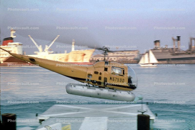 N67590, Bell 47J, Pontoons, Floats, San Pedro, California, October 1974, 1970s