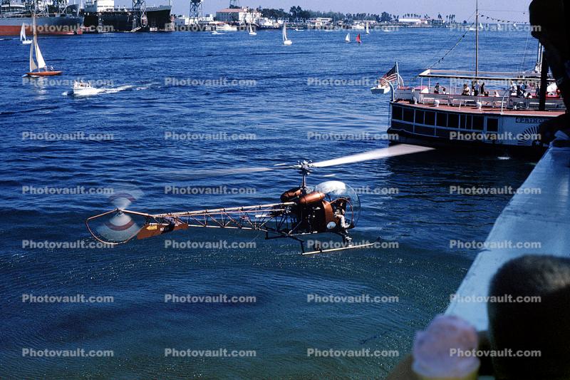 N9763Z, Bell 47G-2 flying over San Pedro Harbor, airborne, flight, flying, August 1965, 1960s