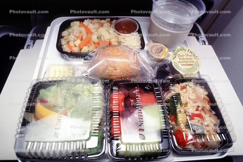 Airplane Food Tray, Dinner, Bread, Salad, Drink, Cup
