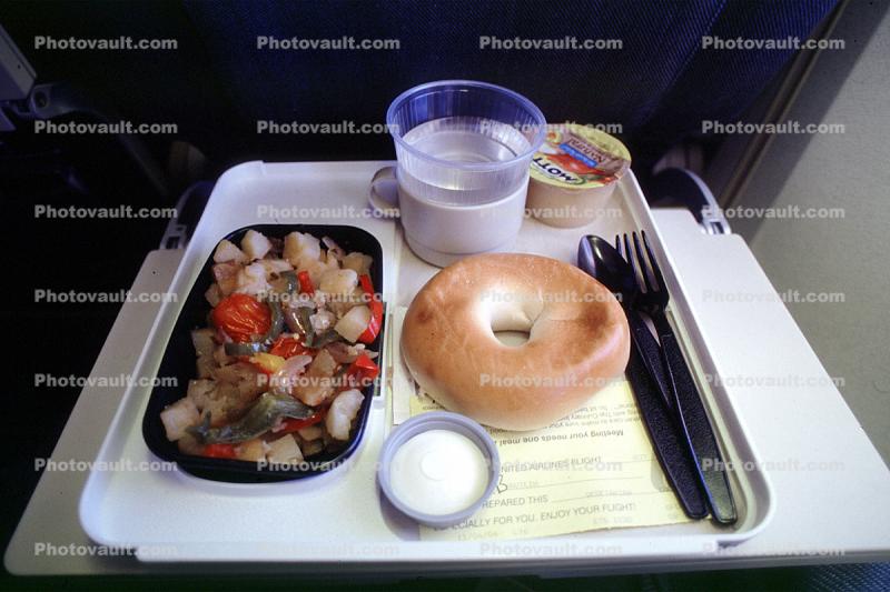 Bagel, Sandwich, Cream Cheese, fork, spoon, cup, tray